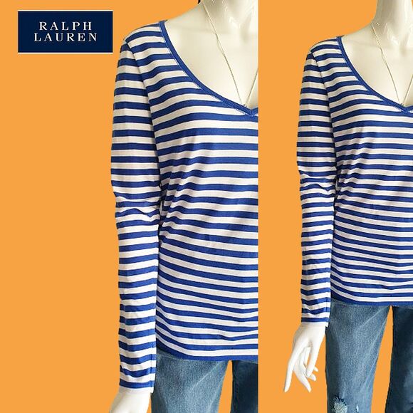 RALPH LAUREN Blue Label Striped Lime Pony V-Neck Long-Sleeve T-Shirt L - Picture 2 of 12